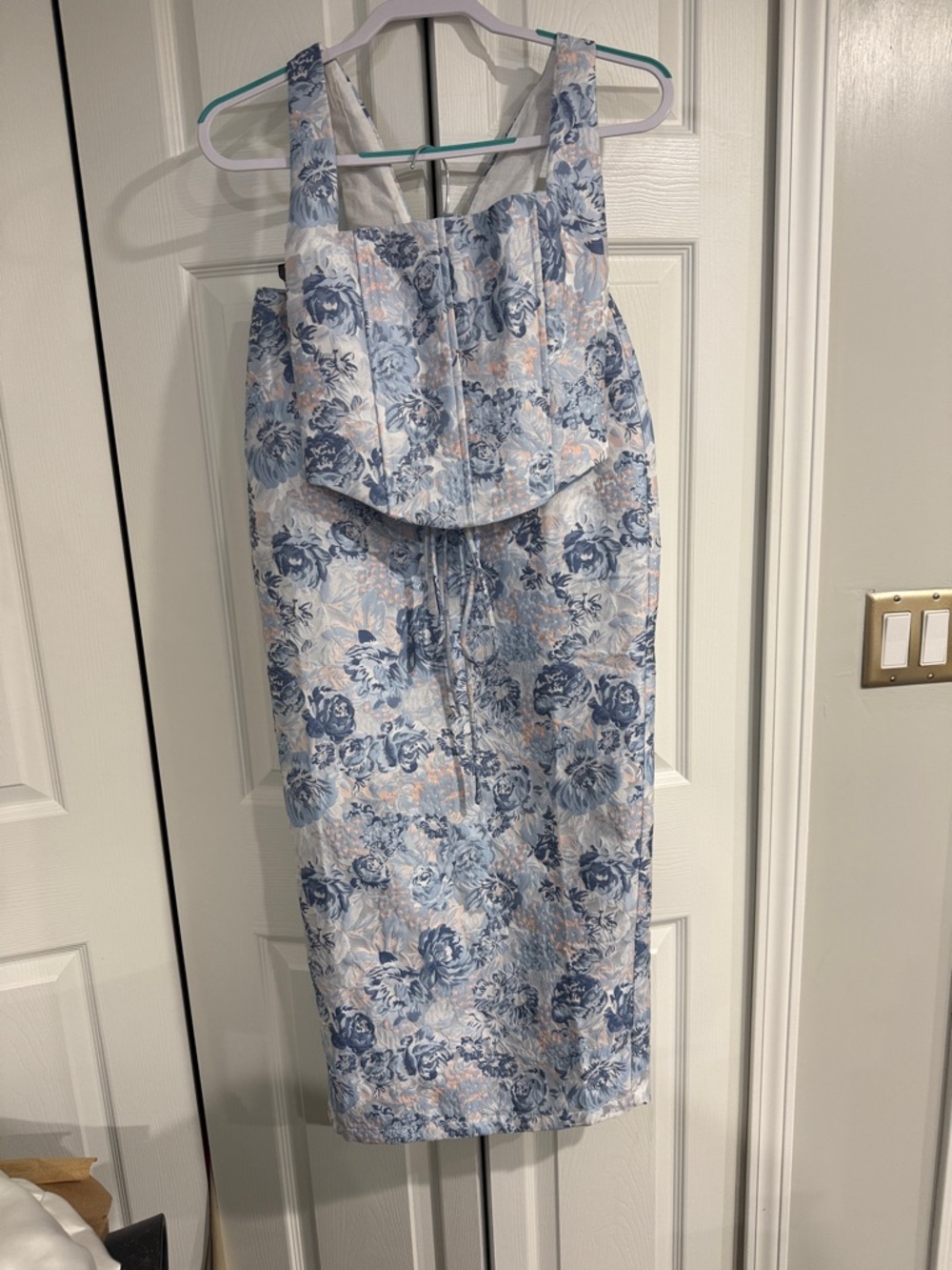 Blue Floral Midi Top & Skirt with Tie-Front Detail Set
